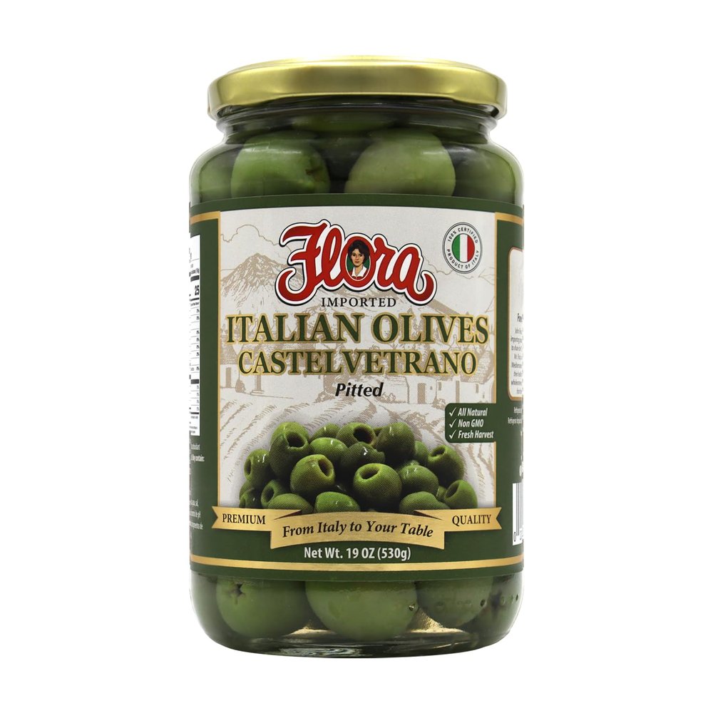 Flora Foods Italian Olives Castelvetrano Pitted | Sicilian Olives | 19 oz (530g) | 100% Italian | All Natural | Non GMO | Fresh Harvest
