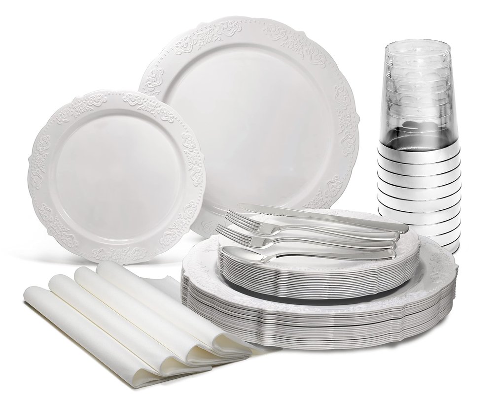 " OCCASIONS " 320 Piece set (40 Guests)-Vintage Wedding Party Disposable Plastic Plates & cutlery -40x10.25''+ 40x7.5'' + Silverware + 12oz Silver Rim Cups + Napkins (Portofino Plain White)