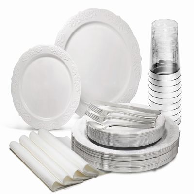 " OCCASIONS " 640 Piece set (80 Guests)-Vintage Wedding Party Disposable Plastic Plates & cutlery -80 x 10'' + 80 x 7.5'' + Silverware + 12oz Cups + Napkins (Verona White)
