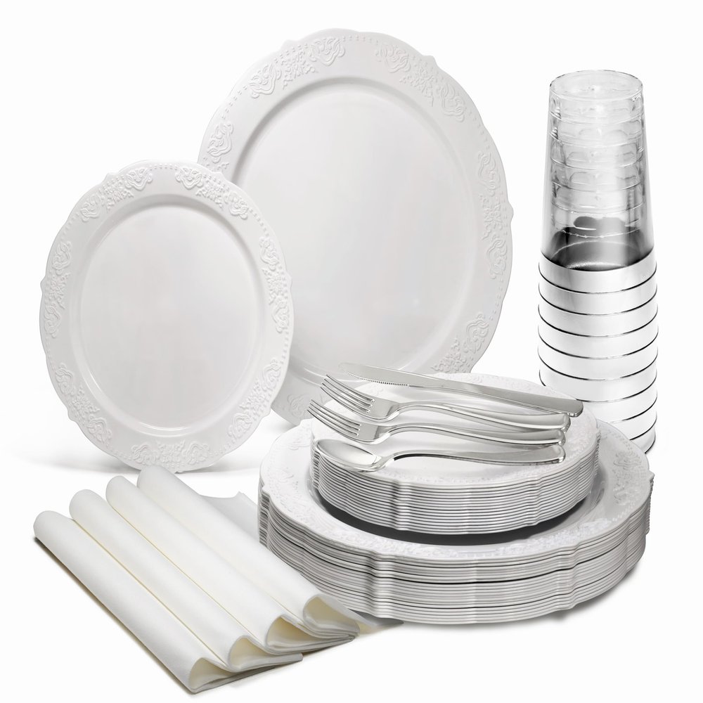 " OCCASIONS " 640 Piece set (80 Guests)-Vintage Wedding Party Disposable Plastic Plates & cutlery -80 x 10'' + 80 x 7.5'' + Silverware + 12oz Cups + Napkins (Verona White)