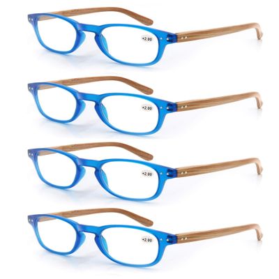 MODFANS 4 Pack Reading Glasses 2.0 Fashion Wood-Look Spring Hinges Stylish Readers Men Women Blue