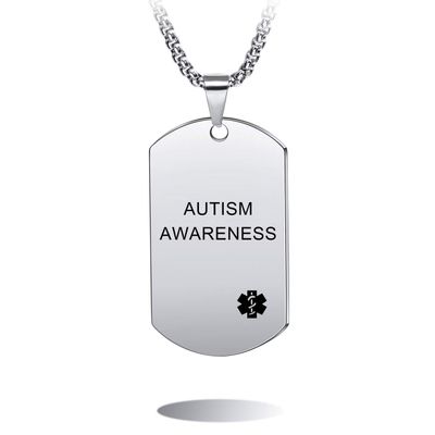 MOWOM Medical Dog Tag Pendant Necklace Custom Engraved Alert Stainless Steel - Bundle with 5 Items: Emergency Card, Sleeve, 2 Chains, Silencer (Silver Autism Awareness)