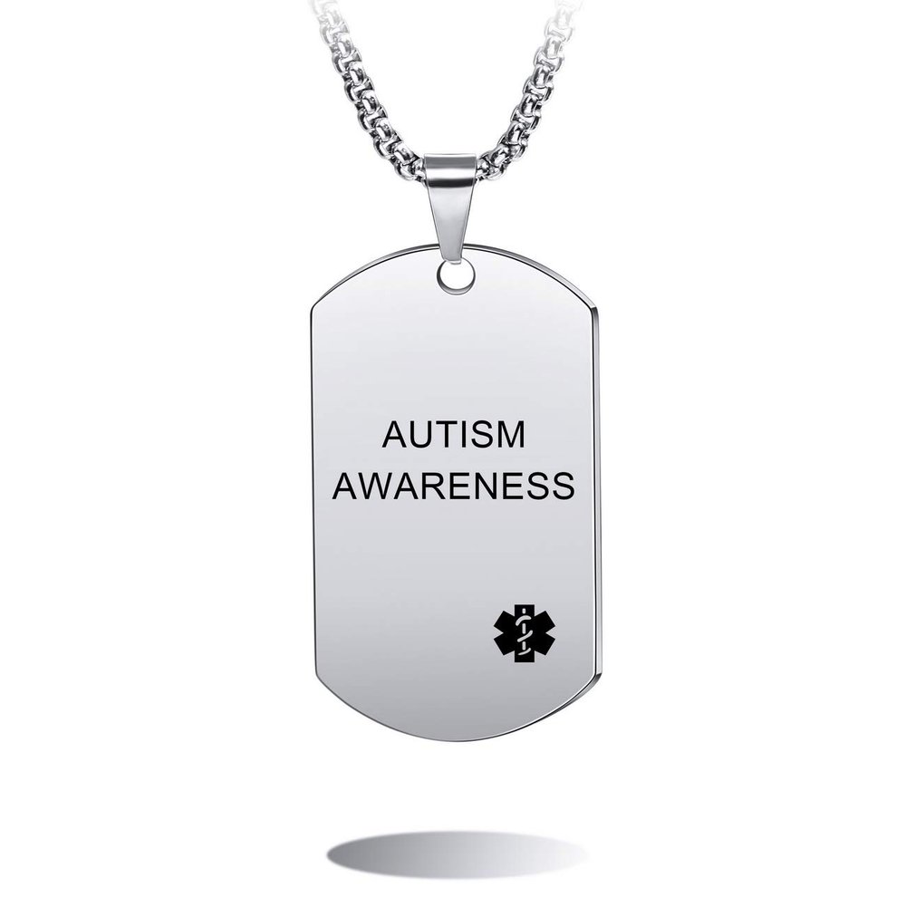 MOWOM Medical Dog Tag Pendant Necklace Custom Engraved Alert Stainless Steel - Bundle with 5 Items: Emergency Card, Sleeve, 2 Chains, Silencer (Silver Autism Awareness)