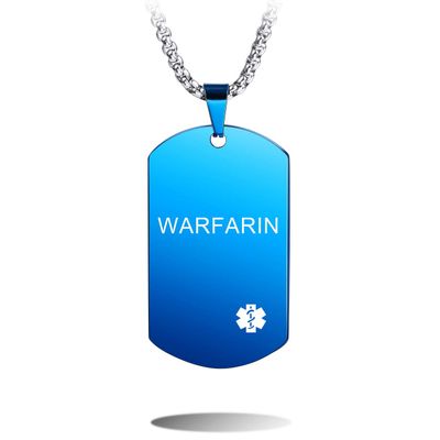 MOWOM Medical Dog Tag Pendant Necklace Custom Engraved Alert for Men Women Stainless Steel - Bundle with 5 Items: Emergency Card, Sleeve, 2 Inches Extension Chain, Silencer (Blue Warfarin)