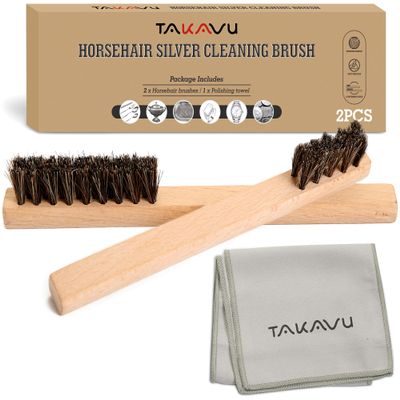 Horsehair Detail Brush Set 2pcs Silver Cleaning Brushes & Polish Cloth Perfect for Detailing, Polish Work, Fine and Heirloom Silverware Plateware Jewelry, Ultimate Solution for a Gleaming Finish