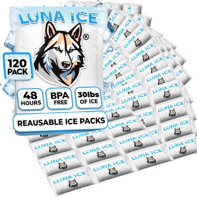 LUNA ICE Dry Ice Packs for Shipping - Long Lasting ice Packs - 24+ Hour Freeze Power - BPA Free - 120 Pack Bulk 30 lb Hielo Seco - Reusable Gel Bricks for Food