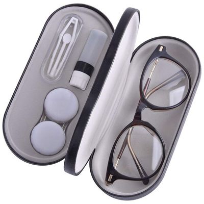 Contact Lens Case - 2 in 1 Double Sided Portable Glasses Case - Mirror - Tweezers and Applicator Included - Perfect for Home Travel-Black 