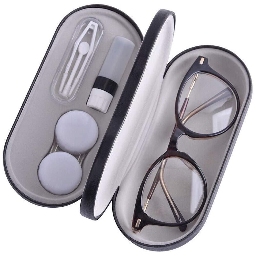 Contact Lens Case - 2 in 1 Double Sided Portable Glasses Case - Mirror - Tweezers and Applicator Included - Perfect for Home Travel-Black 