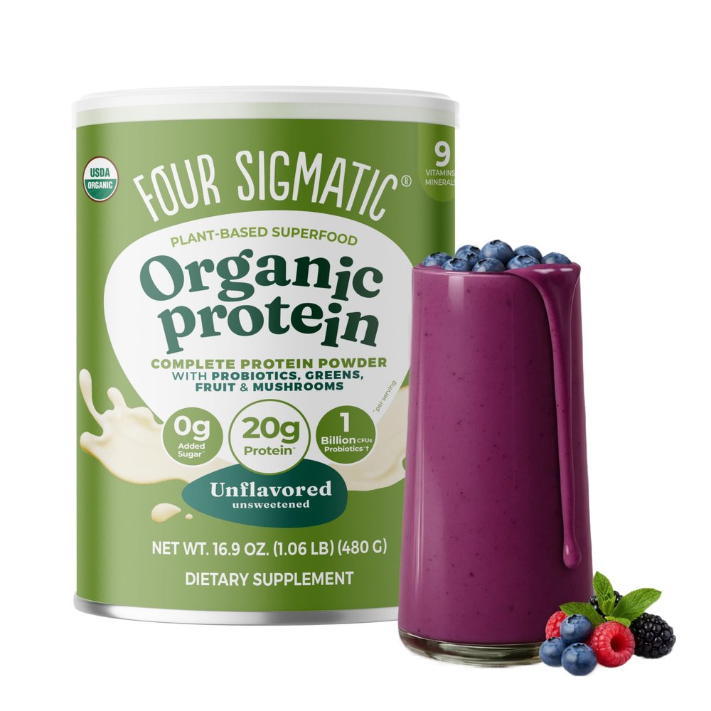 Four Sigmatic Organic Plant-Based Protein Powder | Clean Vegan Protein Elevated with Lions Mane, Chaga, Cordyceps and More for Brain Function and Immune Support | Unflavored, 16.9 oz