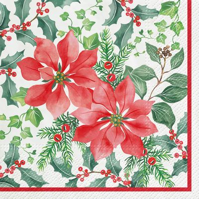 Abbott Collection 88-L-015300 Lg Beautiful Poinsettia Napkin-20PK, Green and red