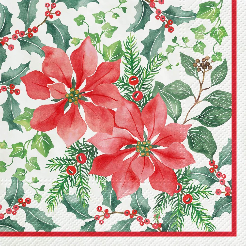 Abbott Collection 88-L-015300 Lg Beautiful Poinsettia Napkin-20PK, Green and red