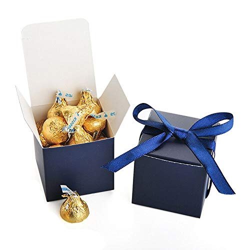 AWELL Navy Blue Gift Candy Box Bulk 2x2x2 inches with Blue Ribbon Party Favor Box,Pack of 50