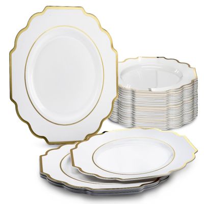 " OCCASIONS " 60 Plates Pack, Heavyweight Disposable Wedding Party Plastic Plates (10.5'' Dinner Plate, Imperial White & Gold)