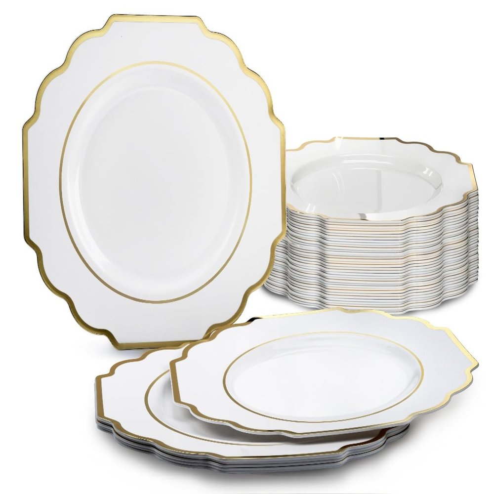 " OCCASIONS " 60 Plates Pack, Heavyweight Disposable Wedding Party Plastic Plates (10.5'' Dinner Plate, Imperial White & Gold)