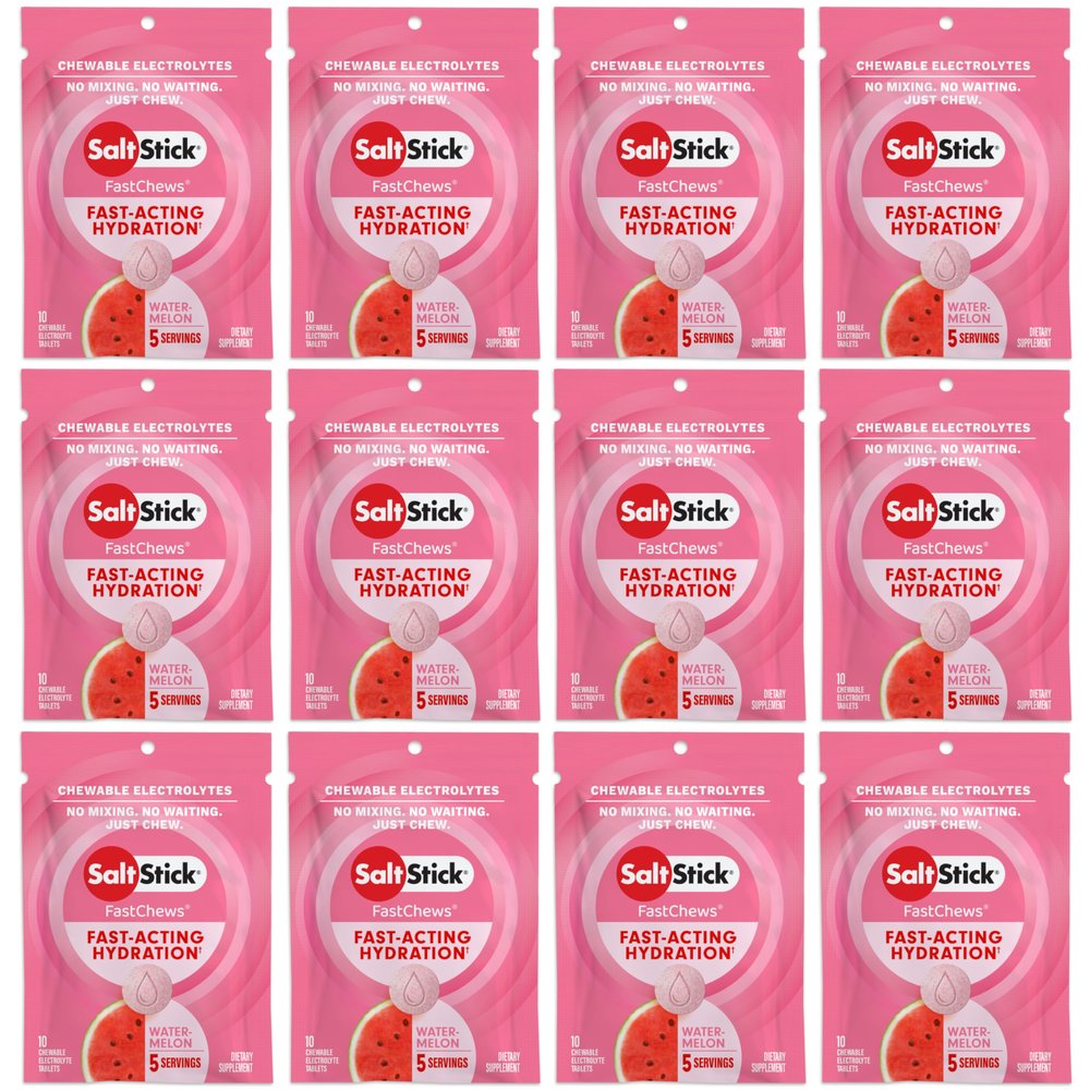 SaltStick Electrolyte FastChews - 120 Count Watermelon Flavor - Chewable Electrolyte Tablets for Hydration, Salt Tabs - 10 Count (Pack of 12)