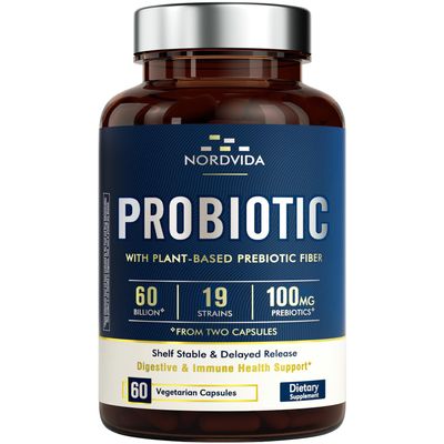 Probiotic 60 Billion 19 Strains with Organic Prebiotic for Men & Women, Digestive & Immune Health, Shelf Stable Delayed Release, Non-GMO No Dairy, 60 Vegan Caps