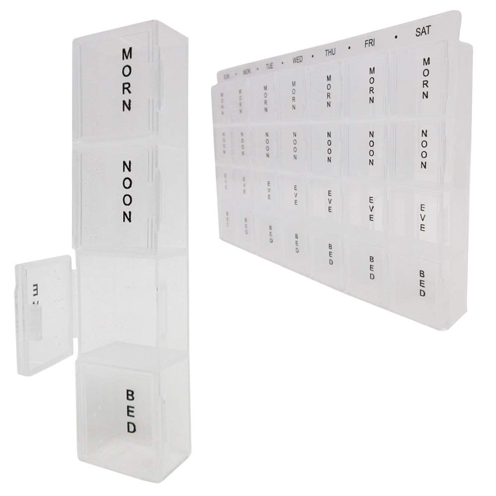 2 Pack Weekly Pop Up Pill Box Storage Organizer 7 Day Medication Compartment Set 7-Day Pill Case Medicine Planner Vitamin Organizer 4 Times a Day AM/PM/Noon/Bed, Compartments Clear Lids