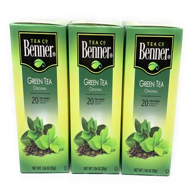 Benner Original Green Tea Bags - 20 Individually Wrapped Bags per box, Pack of 3