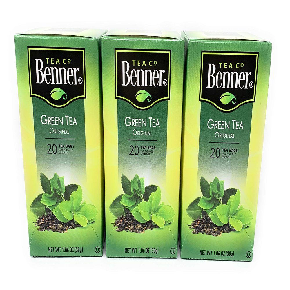Benner Original Green Tea Bags - 20 Individually Wrapped Bags per box, Pack of 3