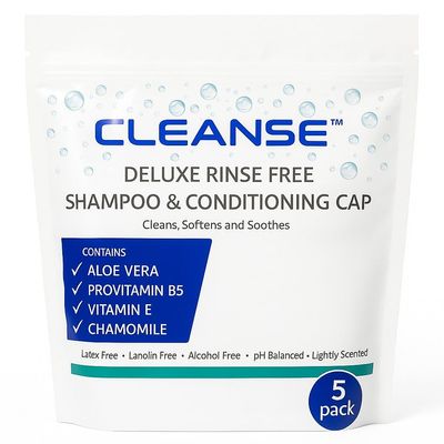 Deluxe Rinse Free Shampoo and Conditioning Cap 5 Pack Waterless Shampoo and Conditioning Shower Cap - No Rinse Shampoo Caps for Seniors - Use Anytime Anywhere 3 Minutes - No Water Wash - Cleanse
