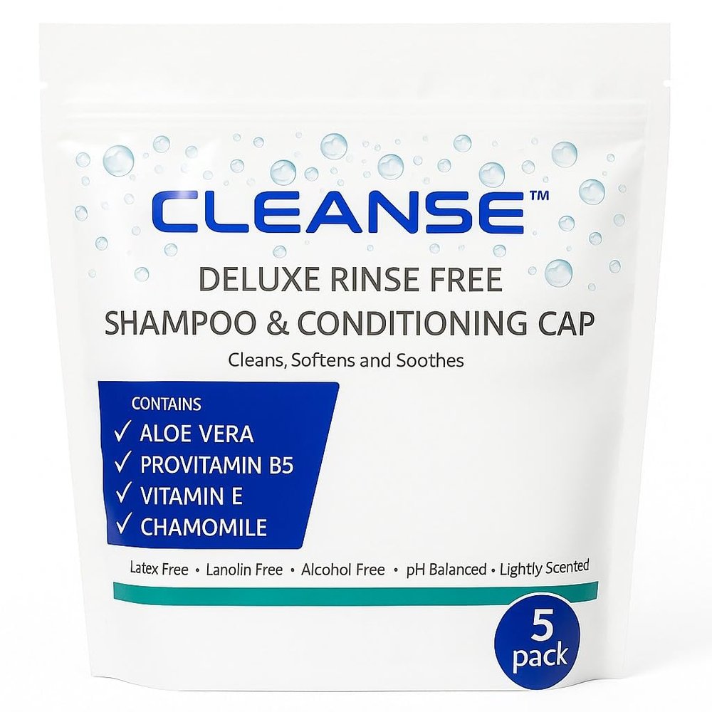Deluxe Rinse Free Shampoo and Conditioning Cap 5 Pack Waterless Shampoo and Conditioning Shower Cap - No Rinse Shampoo Caps for Seniors - Use Anytime Anywhere 3 Minutes - No Water Wash - Cleanse
