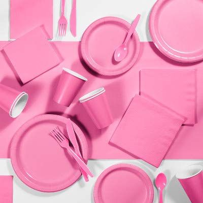 Candy Pink Party Decorations, Color Disposable Plates, Napkins, Cups, and Cutlery for 24 People, Box of 245 Pieces