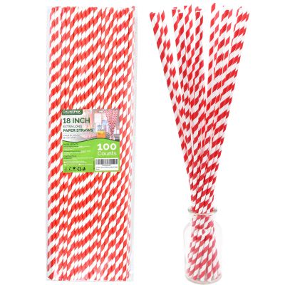 18 Inch Extra Long Paper Drinking Straws - For Large Drinks, Cotton Candy Sticks, DIY Crafts - Red, 100 Counts- 100% Biodegradable