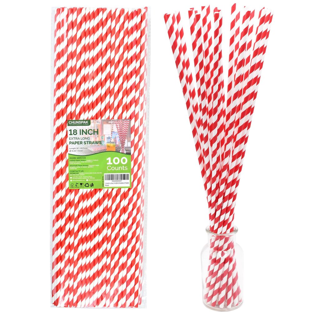 18 Inch Extra Long Paper Drinking Straws - For Large Drinks, Cotton Candy Sticks, DIY Crafts - Red, 100 Counts- 100% Biodegradable