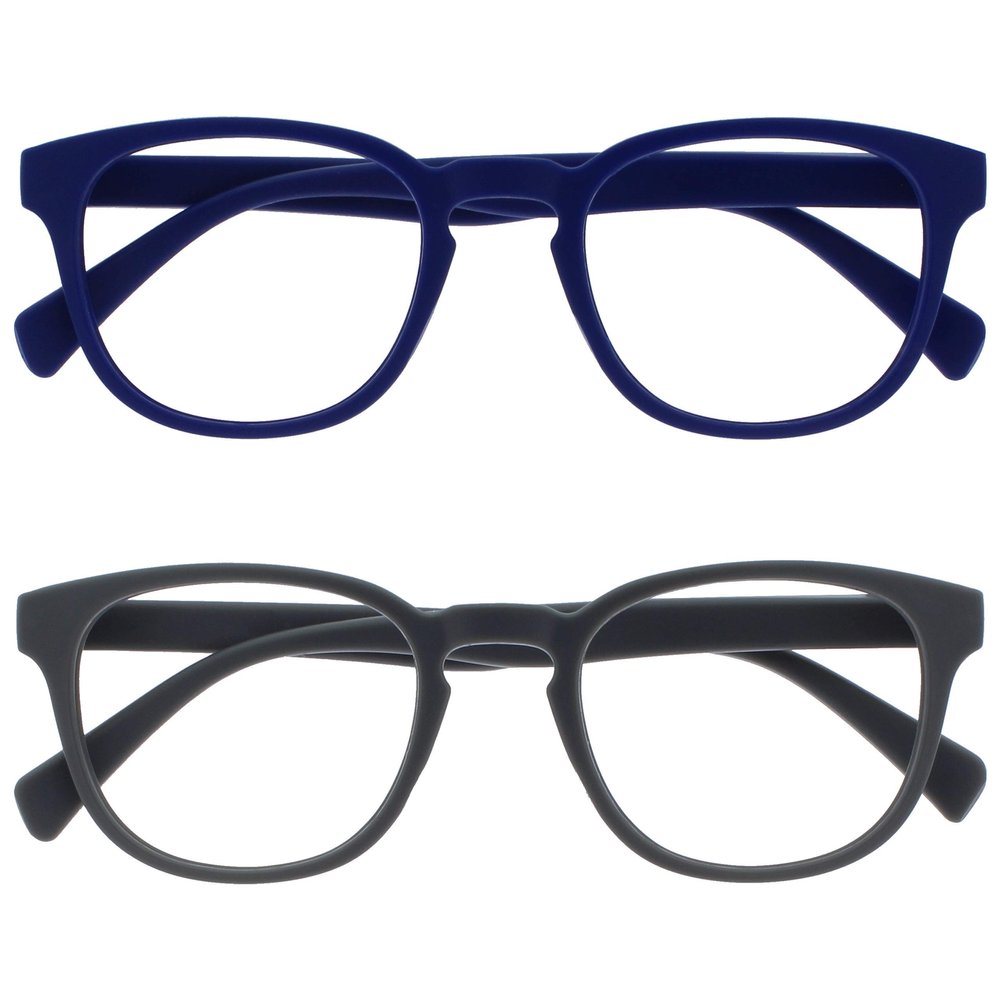 OPULIZE POP Reading Glasses for Women Men,Scratch Resistant Round Matt Frame with Spring Hinges, Blue, Grey +2.00 (Pack of 2)