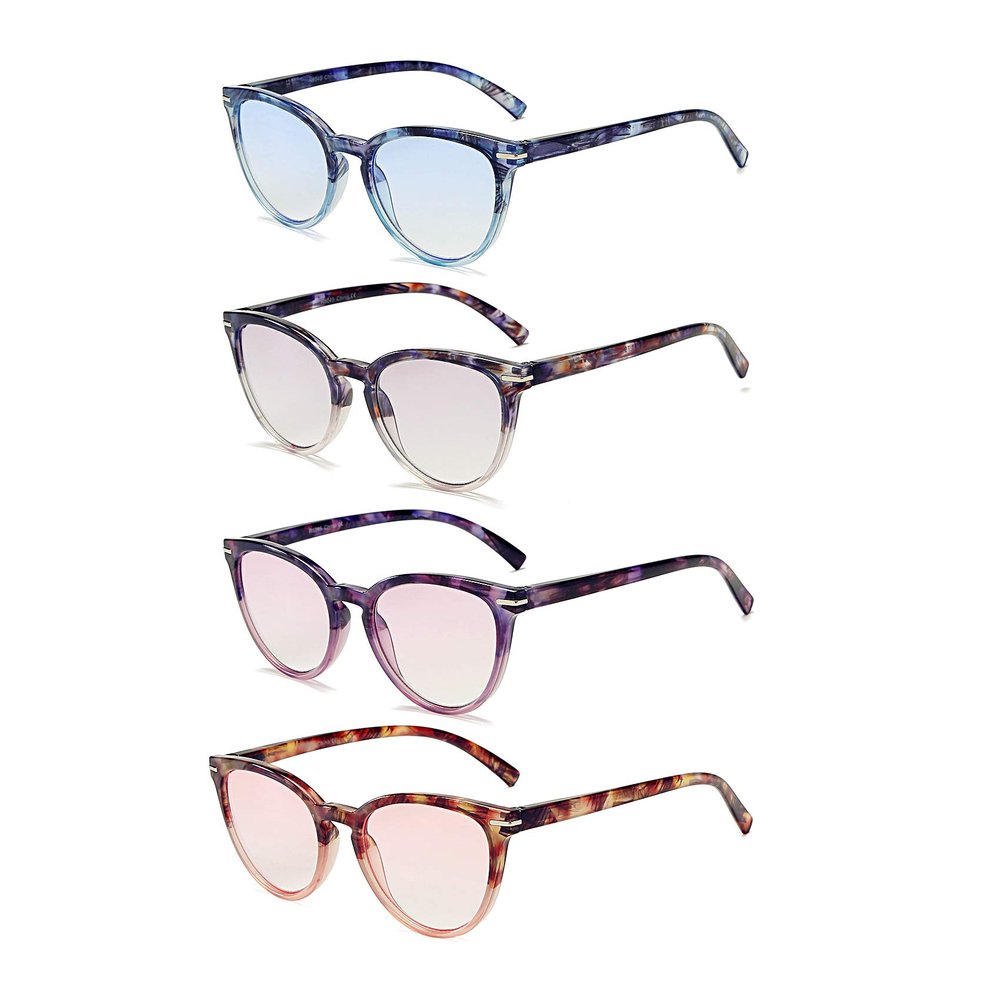100 CLASSIC 4-Pack Trendy Colored Lens Cateye Reading Glasses for Women Spring Hinges Readers Ladies Fashion Eyeglasses (2.00x)
