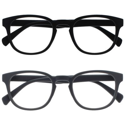 OPULIZE POP Reading Glasses for Women Men,Scratch Resistant Round Matt Frame with Spring Hinges, Black, Grey +1.50 (Pack of 2)