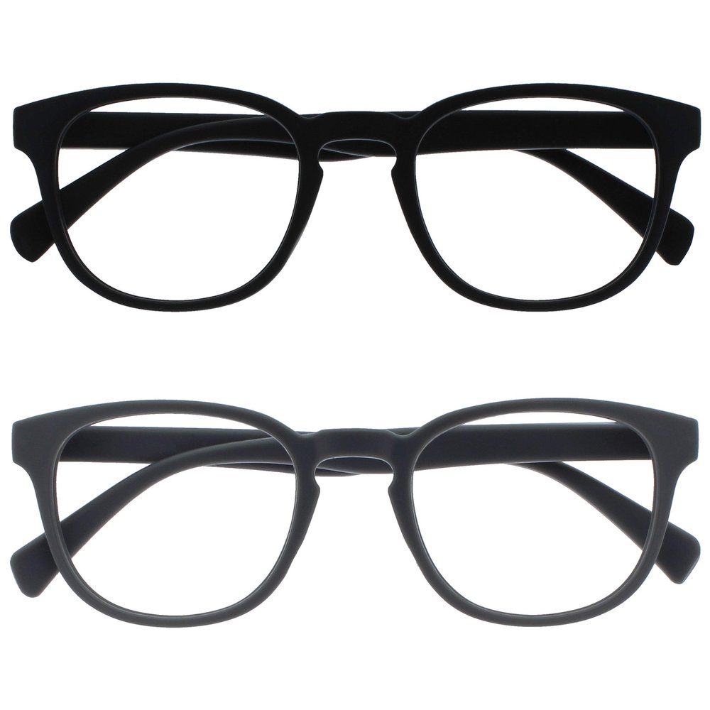 OPULIZE POP Reading Glasses for Women Men,Scratch Resistant Round Matt Frame with Spring Hinges, Black, Grey +1.50 (Pack of 2)