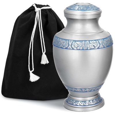 GSM Brands Cremation Urn for Adult Human Ashes - Large Handcrafted Funeral Memorial with Elegant Silver Design (Aluminum - 12 Inch Height x 7 Inch Width)