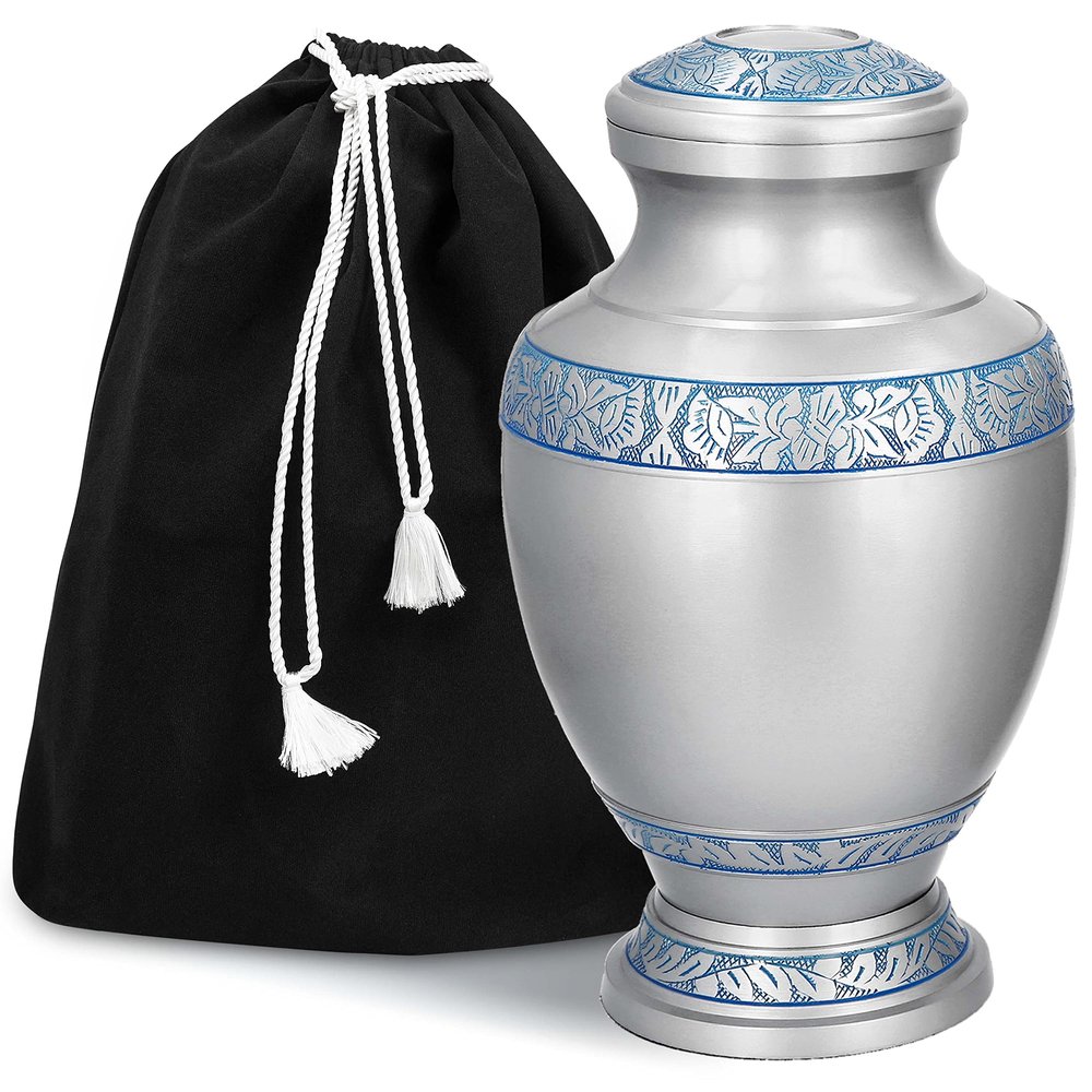 GSM Brands Cremation Urn for Adult Human Ashes - Large Handcrafted Funeral Memorial with Elegant Silver Design (Aluminum - 12 Inch Height x 7 Inch Width)