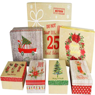 Alef Set of 7 Classic Wood Design - Cozy Holiday Nesting Boxes! - Great to Put Presents in or to Give! - Wonderful prints and Designs! - Largest Measures 13.25"x10"x2.75"