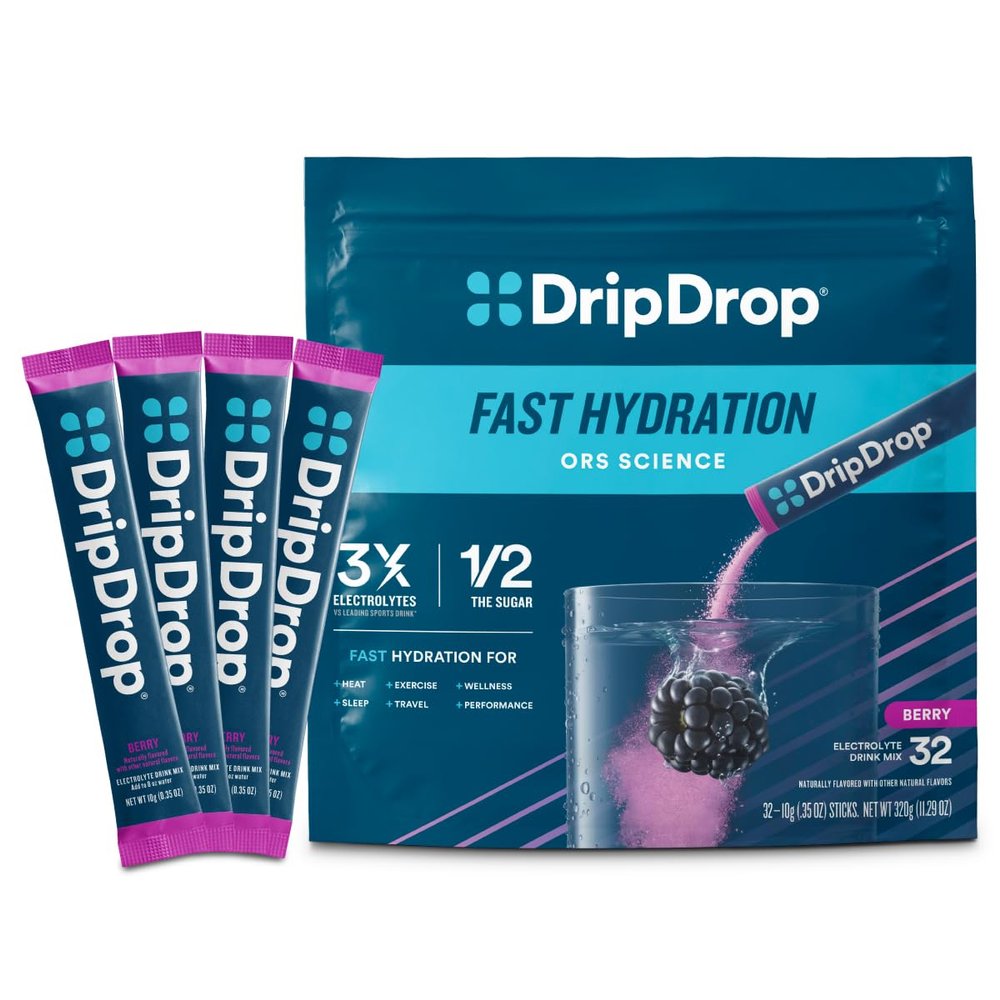 DripDrop Hydration Packets - Berry - Single Serve Electrolytes Powder Drink Mix - Non-GMO, Gluten Free, Vegan - 32 Sticks