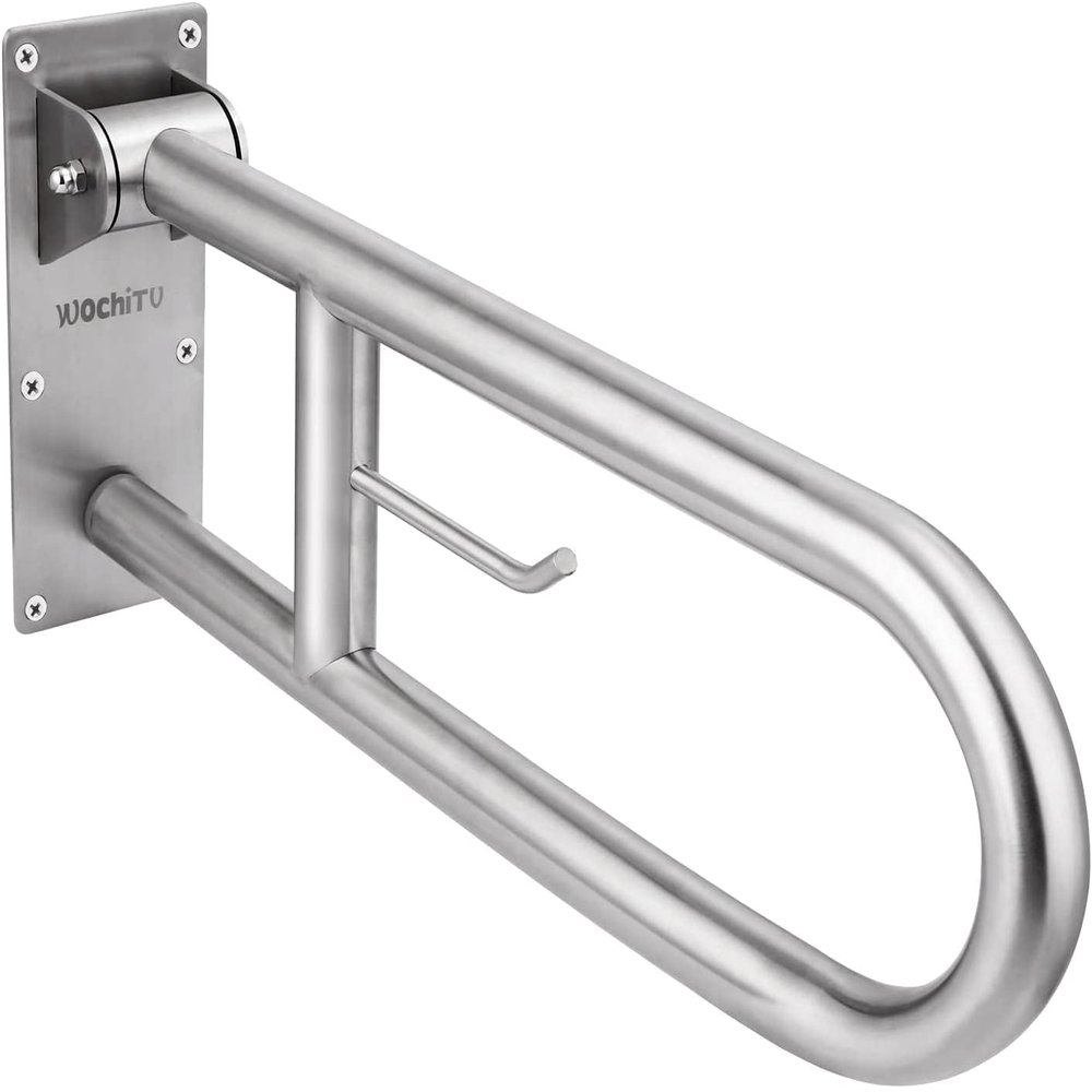 23.6 INCH Stainless Toilet Safety Rails, WochiTV Handicap Grab Bars for Elderly, Disabled Flip-Up Bathroom Grab Bar with Paper Holder,Toilet Handrails Hand Grips Handle Shower Assist Aid