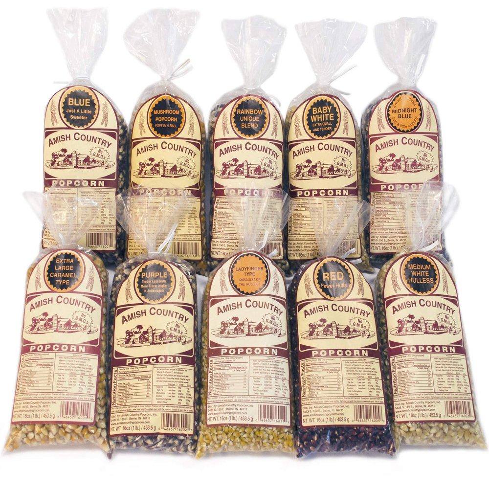 Amish Country Popcorn - 10 (1 Lb Bag) Variety Gift Set Bundle (Red, Blue, Medium White, Midnight Blue, Purple, Ladyfinger, Baby White, Rainbow, Medium Yellow, and Mushroom)