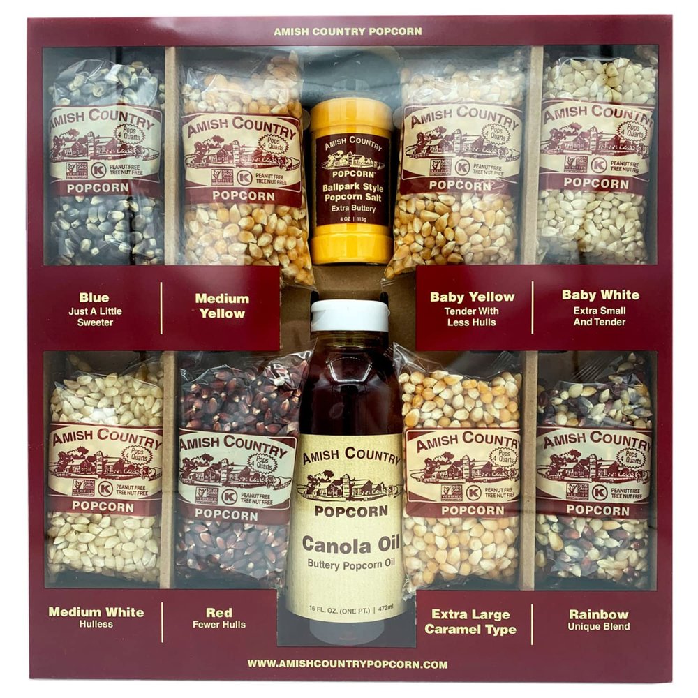 Amish Country Popcorn | 8-4 oz Bags | Stovetop Popping Sampler Pack with Canola Oil and BallPark ButterSalt | Old Fashioned, Non-GMO and Gluten Free (Stovetop Sampler - 8-4 oz Bags)