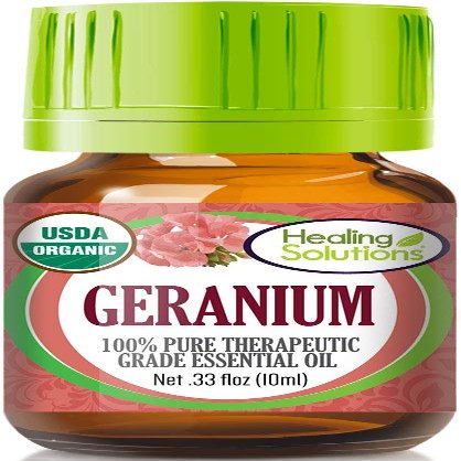 Healing Solutions Geranium Essential Oil (0.33 oz/10ml), Organic, Pure, Undiluted for Hair Diffuser, Skin, & Aromatherapy