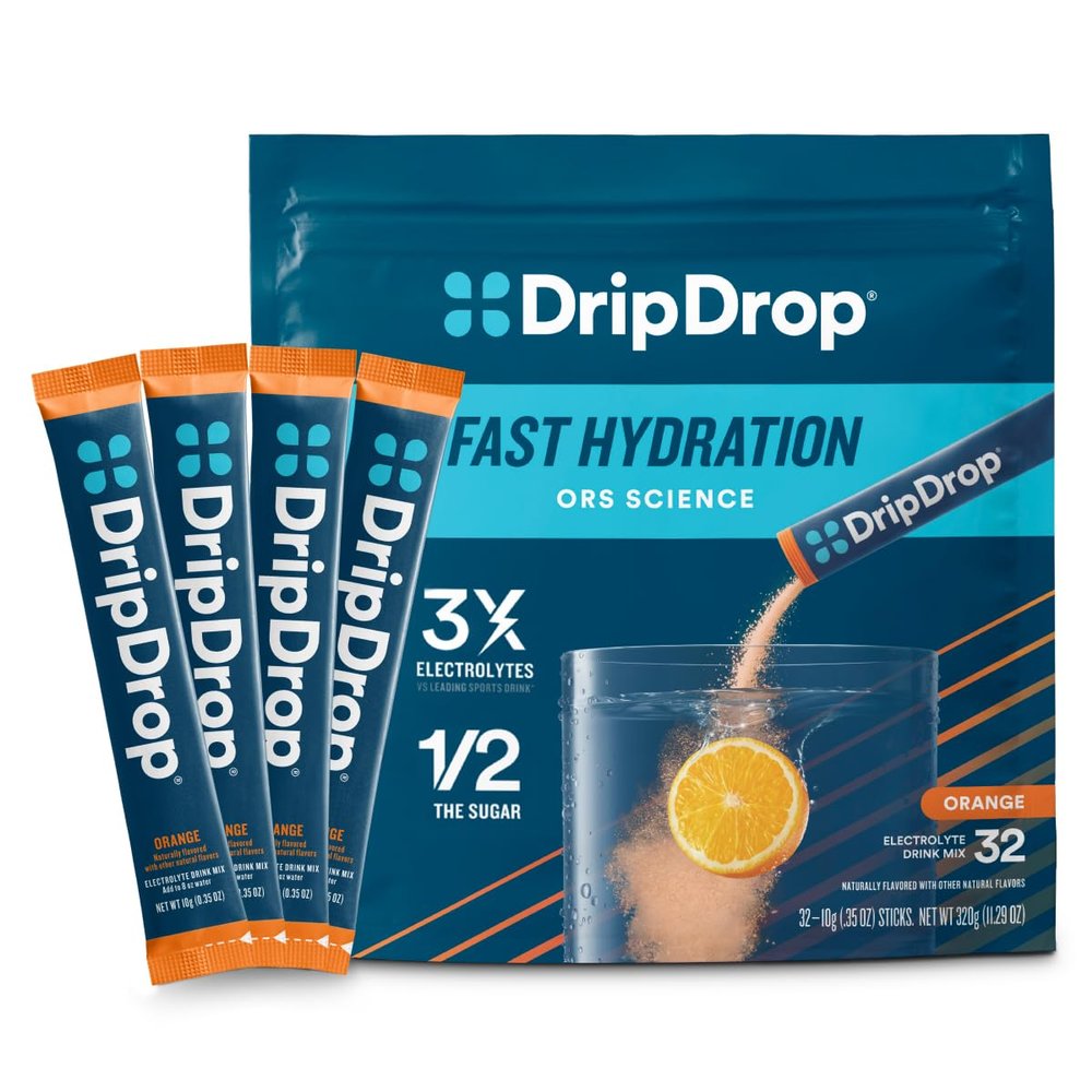 DripDrop Hydration Packets - Orange - Single Serve Electrolytes Powder Drink Mix - Non-GMO, Gluten Free, Vegan - 32 Sticks