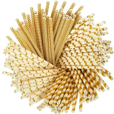 100 Pack Gold Straws, Biodegradable Paper Straws, Metallic Foil Striped/Wave/Heart/Star Straw for Party Supplies, Birthday, Wedding, Bridal/Baby Shower Decorations and Holiday Celebration