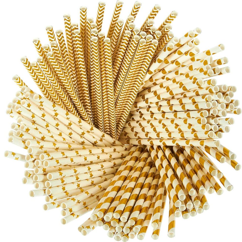 100 Pack Gold Straws, Biodegradable Paper Straws, Metallic Foil Striped/Wave/Heart/Star Straw for Party Supplies, Birthday, Wedding, Bridal/Baby Shower Decorations and Holiday Celebration