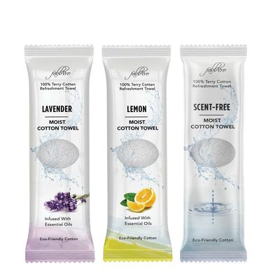 FabbPro Oshibori Moist Terry Cotton Refreshment Towels (75 Pack, 8 x 8 Inches) - White Pre-moistened 100% Cotton Towel to Use Hot or Cold Unscented, Lemon & Lavender Scent Bundle of 25 each