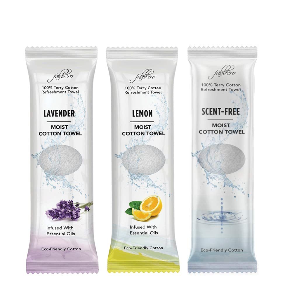 FabbPro Oshibori Moist Terry Cotton Refreshment Towels (75 Pack, 8 x 8 Inches) - White Pre-moistened 100% Cotton Towel to Use Hot or Cold Unscented, Lemon & Lavender Scent Bundle of 25 each