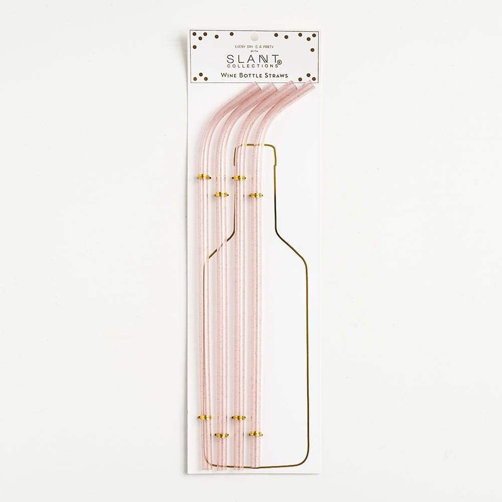 Slant Collections Tall Wine Bottle Straws BPA-Free Acrylic Washable Reusable Straws, 4-Count (15-Inches Tall), Light Pink Glitter & Gold