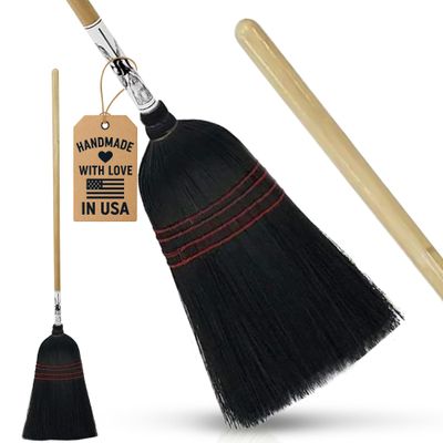 Handmade Amish Corn Broom with Wooden Handle 57" Heavy Duty Broom for Courtyard, Lobby & Market, 100% Corn Fill Straw Broo'm, 4 Sews Indoor & Outdoor Bristle for Sweeping - Black
