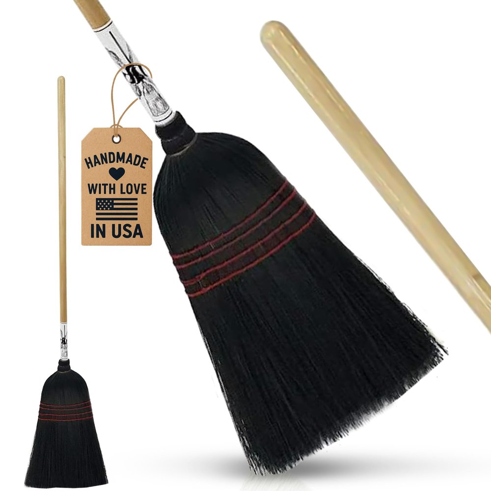 Handmade Amish Corn Broom with Wooden Handle 57" Heavy Duty Broom for Courtyard, Lobby & Market, 100% Corn Fill Straw Broo'm, 4 Sews Indoor & Outdoor Bristle for Sweeping - Black