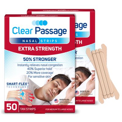 Clear Passage Nasal Strips Extra Strength, Tan, 100 Count | Works Instantly to Improve Sleep, Reduce Snoring, & Relieve Nasal Congestion Due to Colds & Allergies