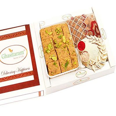 Ghasitaram Gifts Bhaidooj Gifts Bhaidooj Sweet - Besan Barfi, Pooja Thali and Almonds Pouch